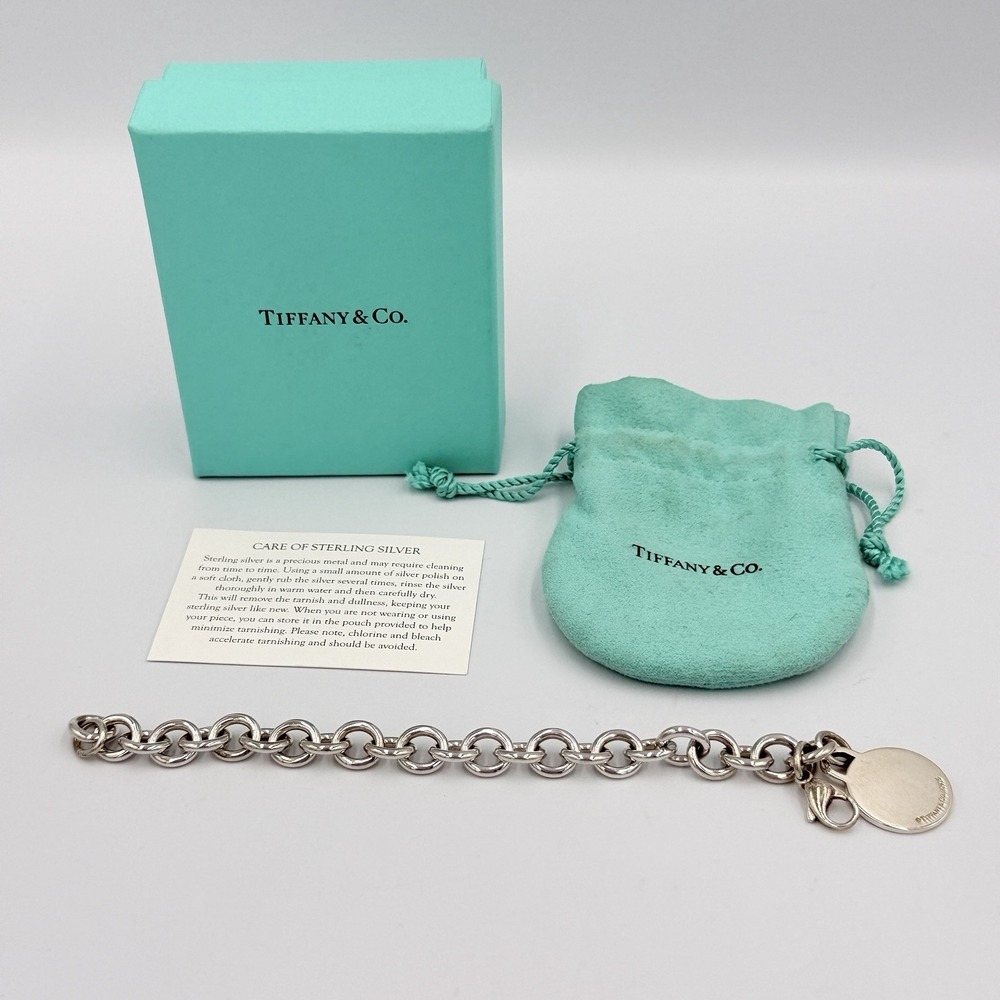 Tiffany & Co Sterling Silver Corporate Logo Charm Bracelet Box & Pouch 7" 925